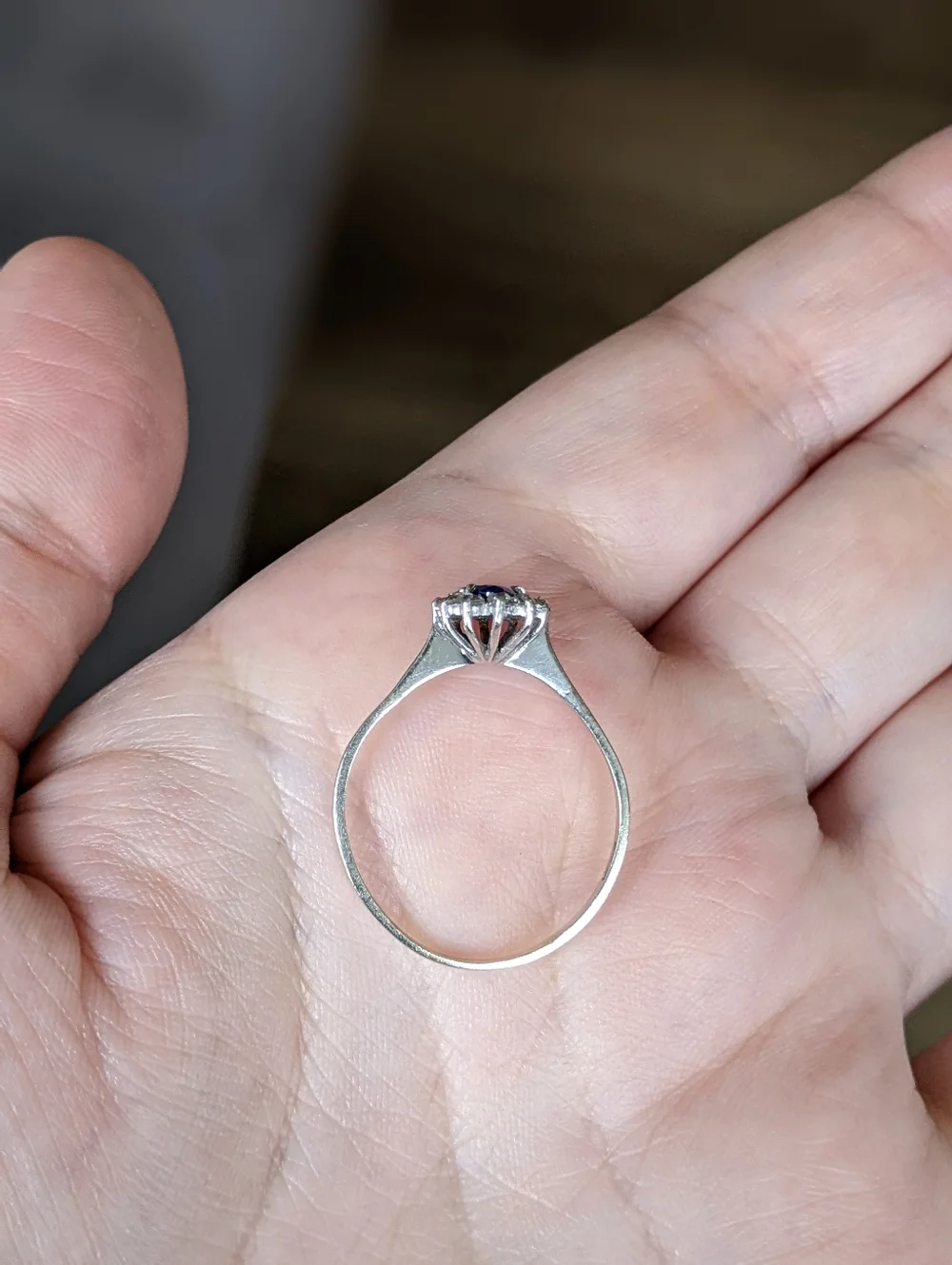 18K White Gold Blue Sapphire Ring With White Sapphire Halo - Picture 12 of 16